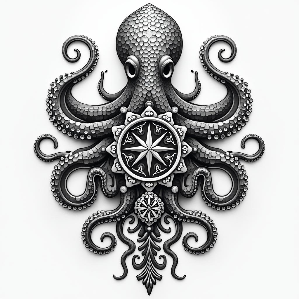 Tribal octopus, compass rose, Mayan gods in geometric style tattoo, blending hexagons, mandala-inspired patterns, symmetrical and fractal design, clean lines, sharp angles - Variation 2