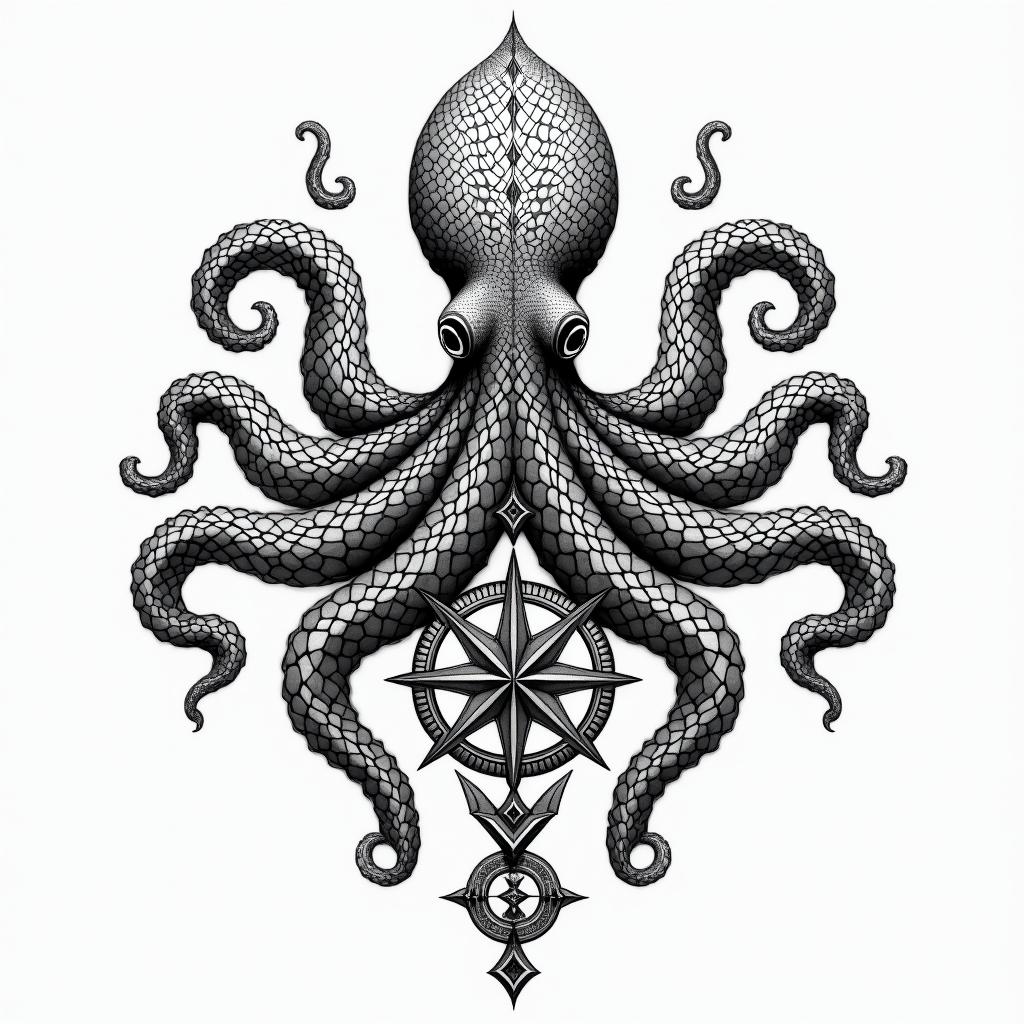Tribal octopus, compass rose, Mayan gods in geometric style tattoo, blending hexagons, mandala-inspired patterns, symmetrical and fractal design, clean lines, sharp angles - Variation 4