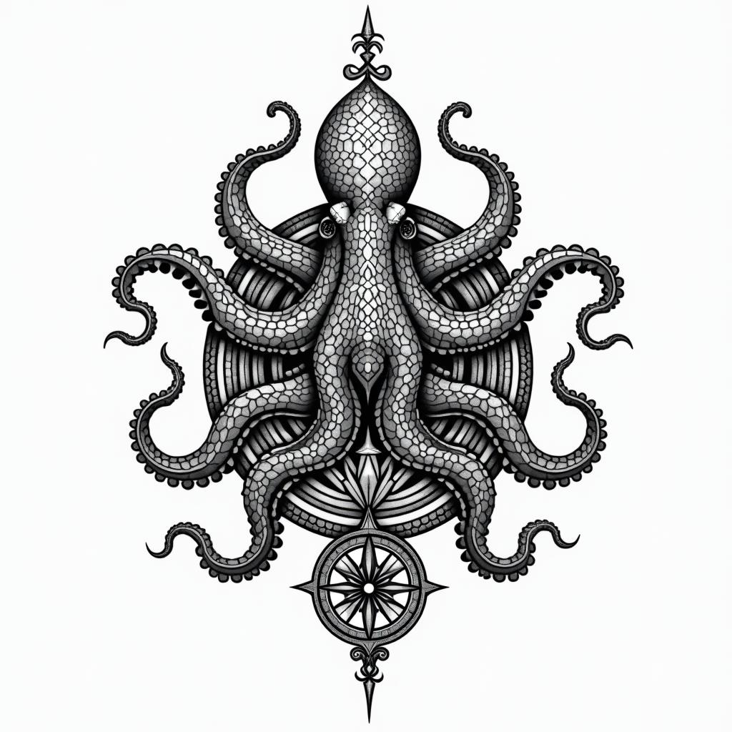 Tribal octopus, compass rose, Mayan gods in geometric style tattoo, blending hexagons, mandala-inspired patterns, symmetrical and fractal design, clean lines, sharp angles - Variation 3