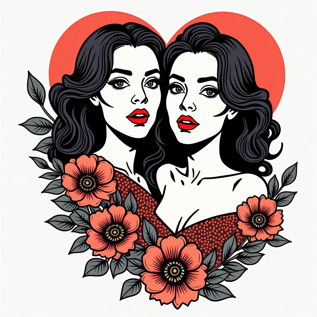 Salma and Helenin pop art style tattoo, featuring bold and vibrant colors, exaggerated outlines, iconic imagery, inspired by comic books and speech bubbles, comic book characters, retro pop culture - Variation 2