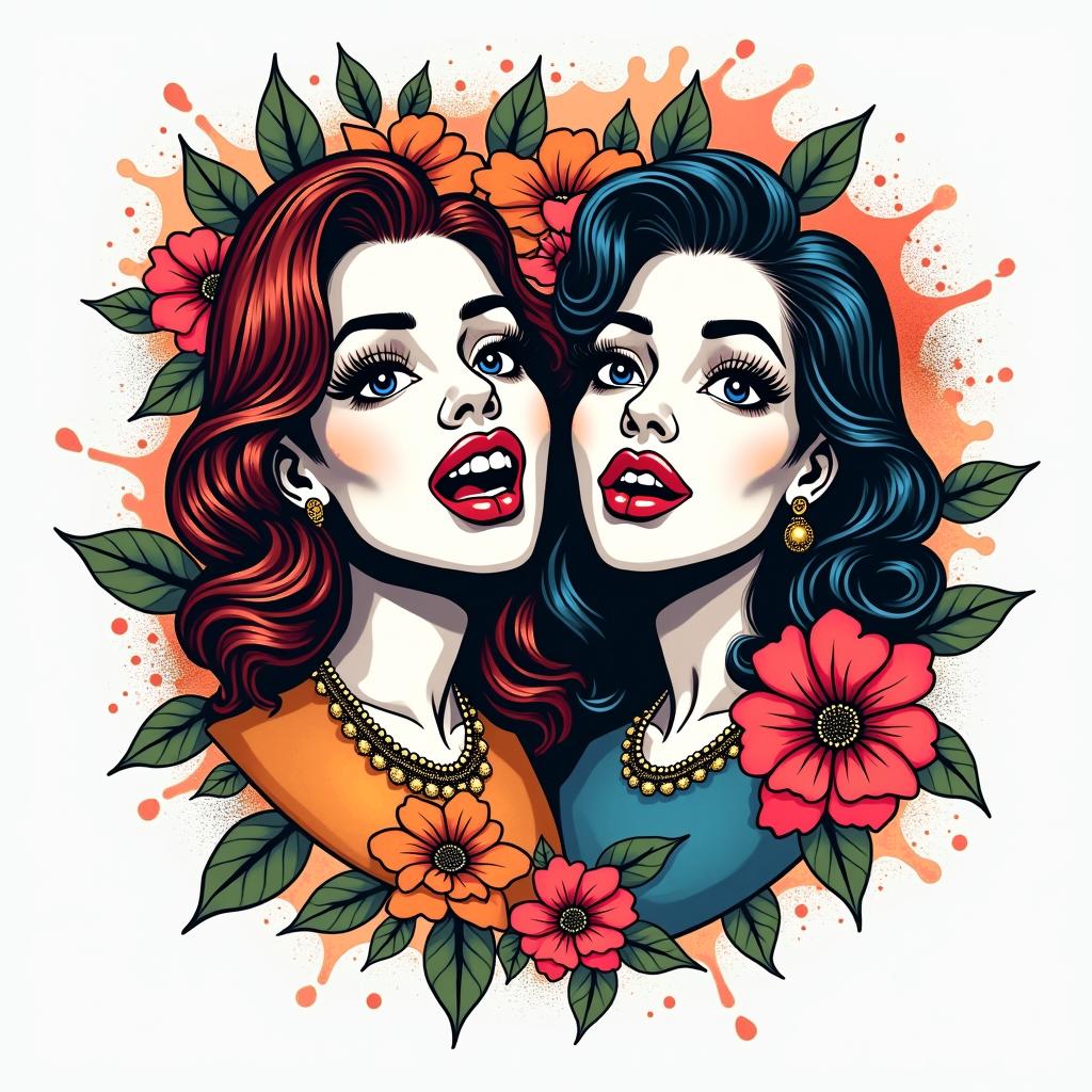 Salma and Helenin pop art style tattoo, featuring bold and vibrant colors, exaggerated outlines, iconic imagery, inspired by comic books and speech bubbles, comic book characters, retro pop culture - Variation 4