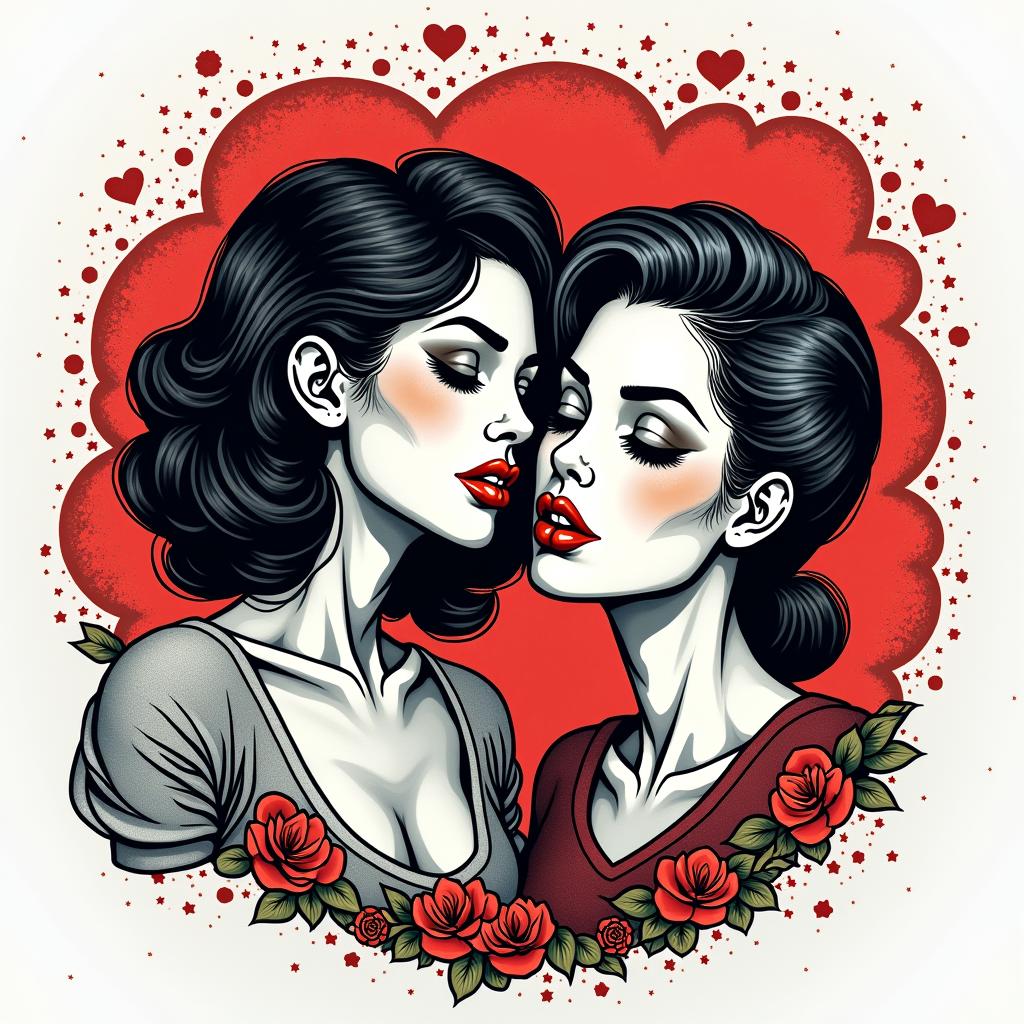 Salma and Helenin pop art style tattoo, featuring bold and vibrant colors, exaggerated outlines, iconic imagery, inspired by comic books and speech bubbles, comic book characters, retro pop culture