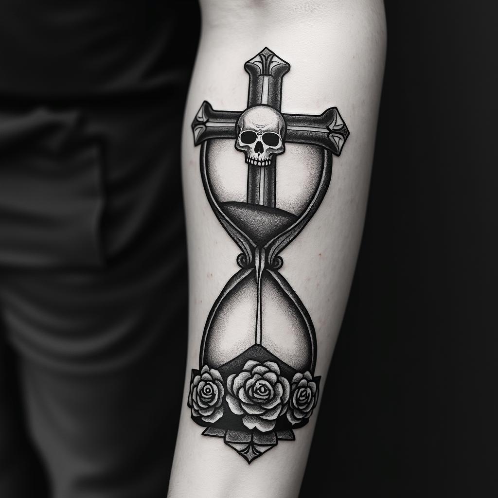 Hourglass with sand and skullsin chicano style tattoo, featuring intricate black and grey shading, bold elements of traditional chicano culture symbols, add a big cross with skull, chains and roses - Variation 3