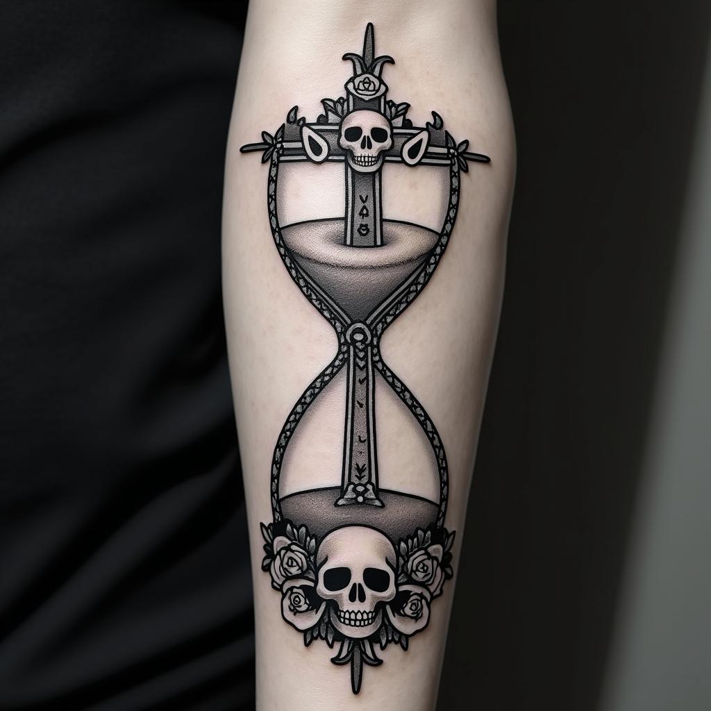 Hourglass with sand and skullsin chicano style tattoo, featuring intricate black and grey shading, bold elements of traditional chicano culture symbols, add a big cross with skull, chains and roses