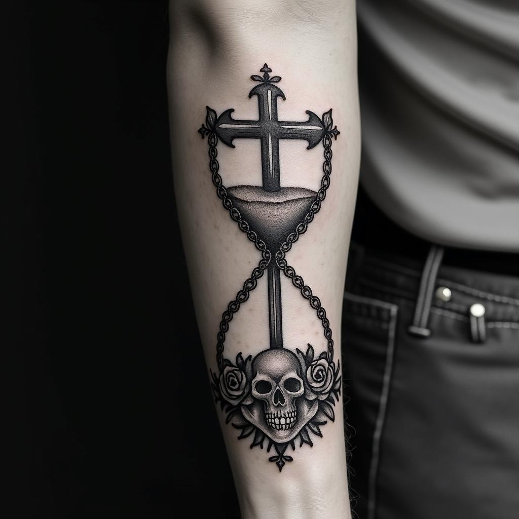 Hourglass with sand and skullsin chicano style tattoo, featuring intricate black and grey shading, bold elements of traditional chicano culture symbols, add a big cross with skull, chains and roses - Variation 4