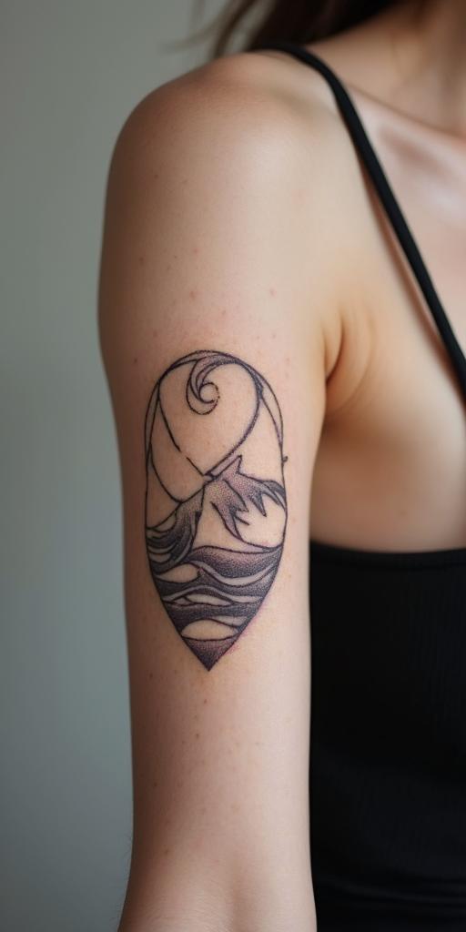 Sydney, Aquarius, momin Modest style tattoo, featuring soft, delicate line work with simple and meaningful symbols, gentle waves, a heart, evoking a sense of serenity and grace, - Variation 3
