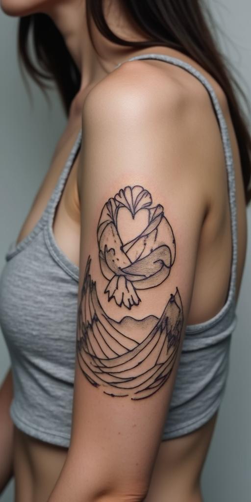 Sydney, Aquarius, momin Modest style tattoo, featuring soft, delicate line work with simple and meaningful symbols, gentle waves, a heart, evoking a sense of serenity and grace, - Variation 4