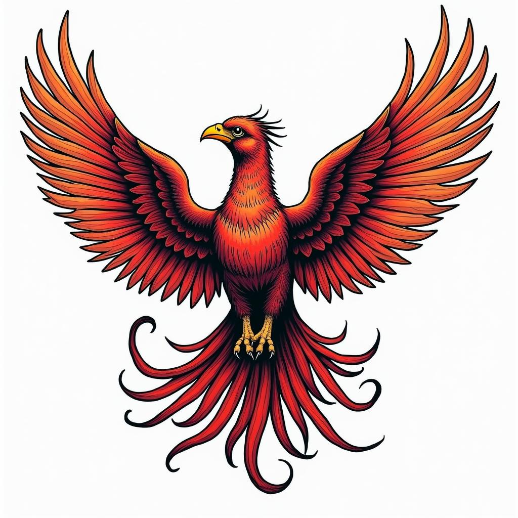 Phoenixin pop art style tattoo, featuring bold and vibrant colors, exaggerated outlines, iconic imagery, inspired by comic books and speech bubbles, comic book characters, retro pop culture - Variation 11