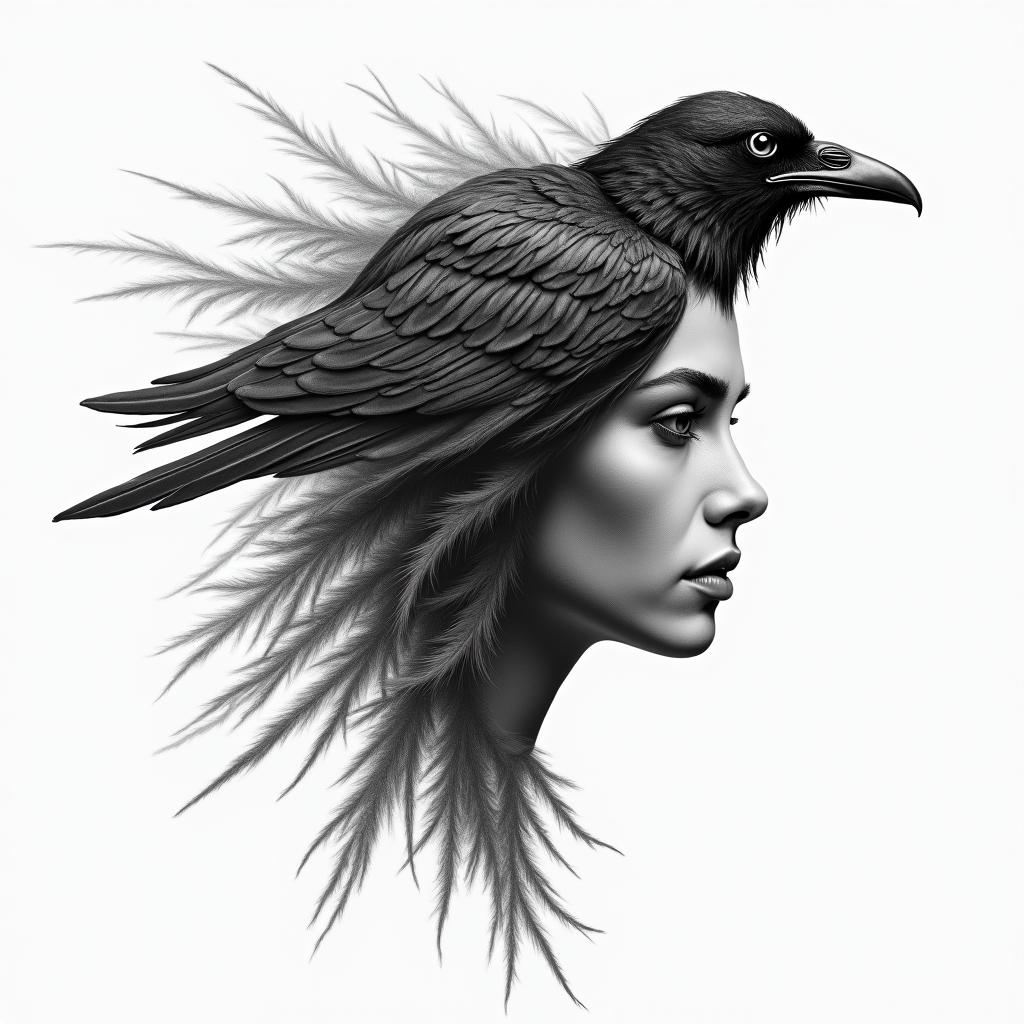 Half a warrior woman’s face , the other half turning into floating feathers that are turning into a ravenhigly detailed tattoo - Variation 7