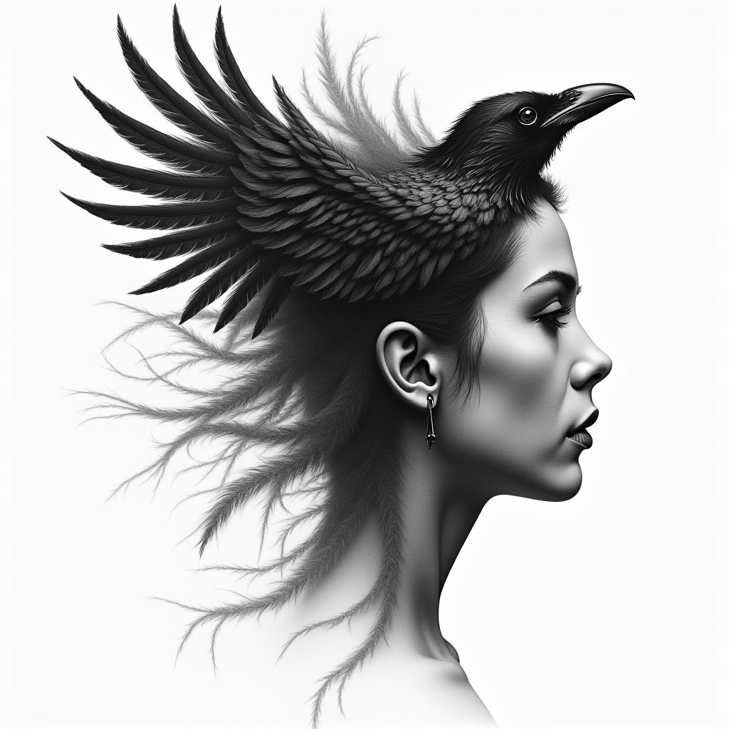 Half a warrior woman’s face , the other half turning into floating feathers that are turning into a ravenhigly detailed tattoo - Variation 8