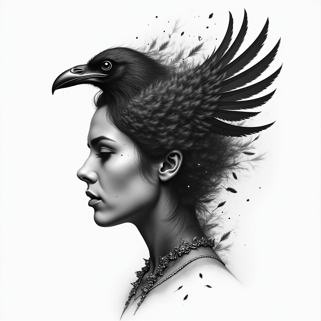Half a warrior woman’s face , the other half turning into floating feathers that are turning into a ravenhigly detailed tattoo - Variation 6