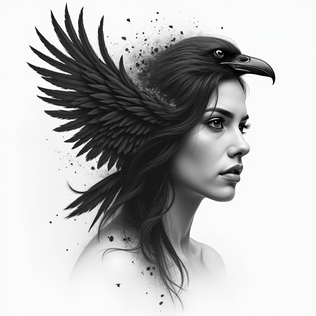Half a warrior woman’s face , the other half turning into floating feathers that are turning into a ravenhigly detailed tattoo - Variation 5