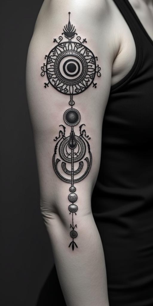 Sydney, Aquarius, momin spiritual symbols tattoo style, featuring an intricate design incorporating elements, Hamsa hand, third eye, minimalist composition - Variation 4