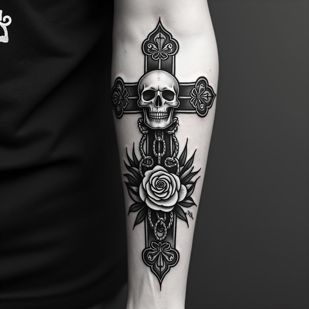 Never for the weakin chicano style tattoo, featuring intricate black and grey shading, bold elements of traditional chicano culture symbols, add a big cross with skull, chains and roses - Variation 3