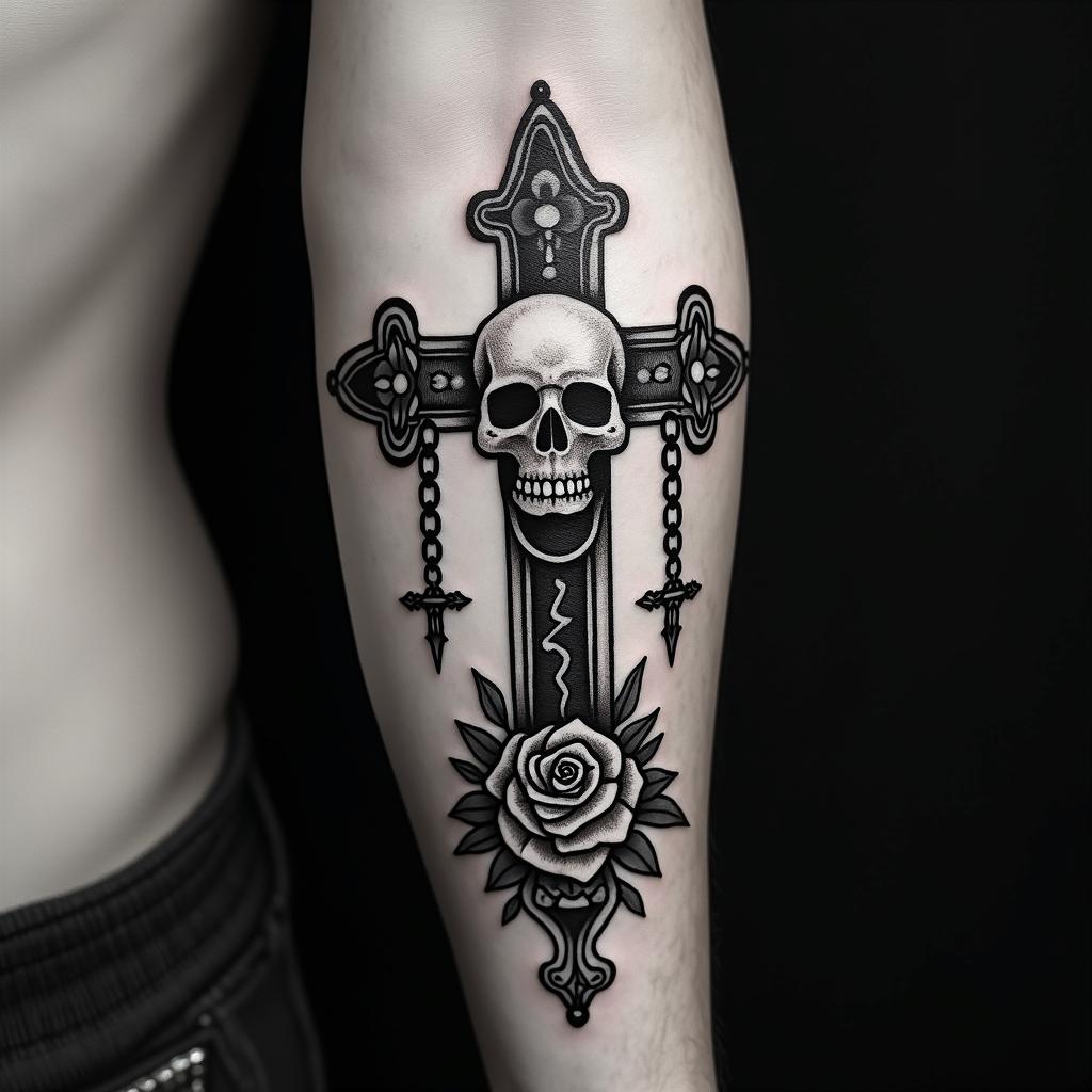 Never for the weakin chicano style tattoo, featuring intricate black and grey shading, bold elements of traditional chicano culture symbols, add a big cross with skull, chains and roses - Variation 2