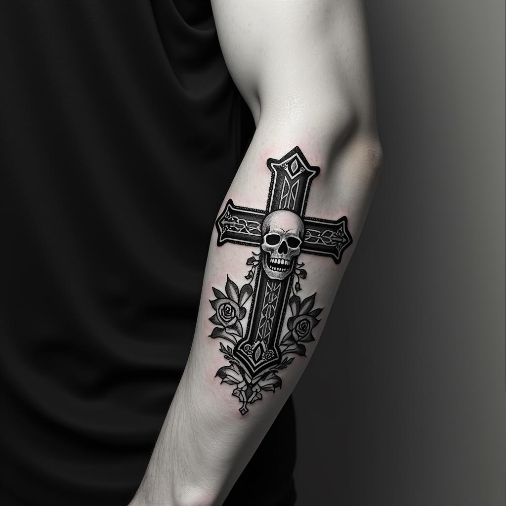 Never for the weakin chicano style tattoo, featuring intricate black and grey shading, bold elements of traditional chicano culture symbols, add a big cross with skull, chains and roses