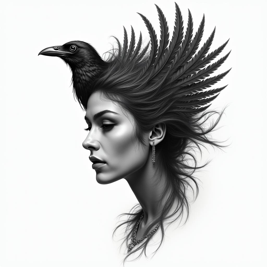 Half a warrior woman’s face , the other half turning into floating feathers that are turning into a ravenhigly detailed tattoo