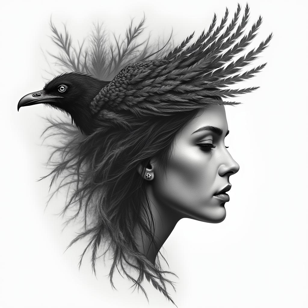 Half a warrior woman’s face , the other half turning into floating feathers that are turning into a ravenhigly detailed tattoo - Variation 3