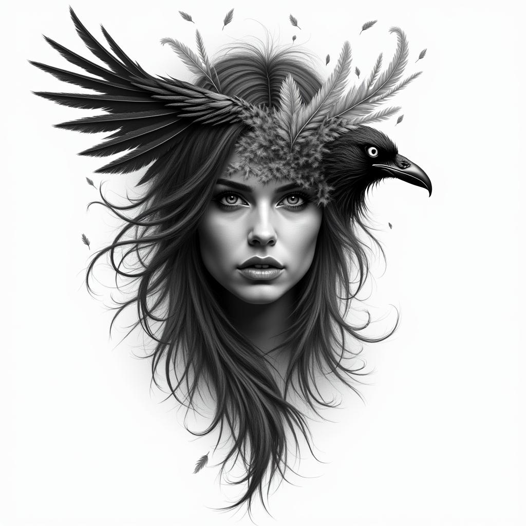 Half a warrior woman’s face , the other half turning into floating feathers that are turning into a ravenhigly detailed tattoo - Variation 4