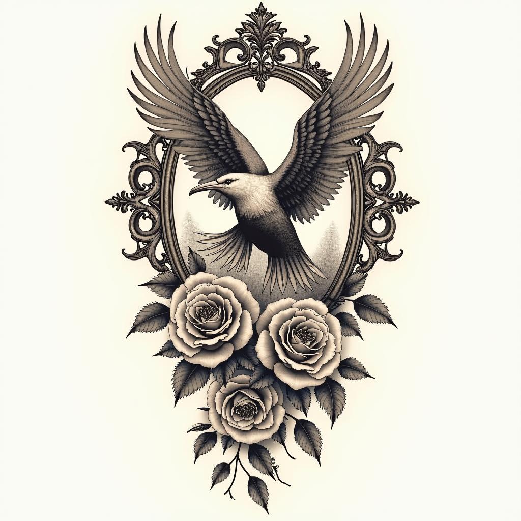 Phoenixin victorian style tattoo, featuring vintage and elegant elements, ornate frames, roses, antique, sepia-toned color scheme - Variation 2