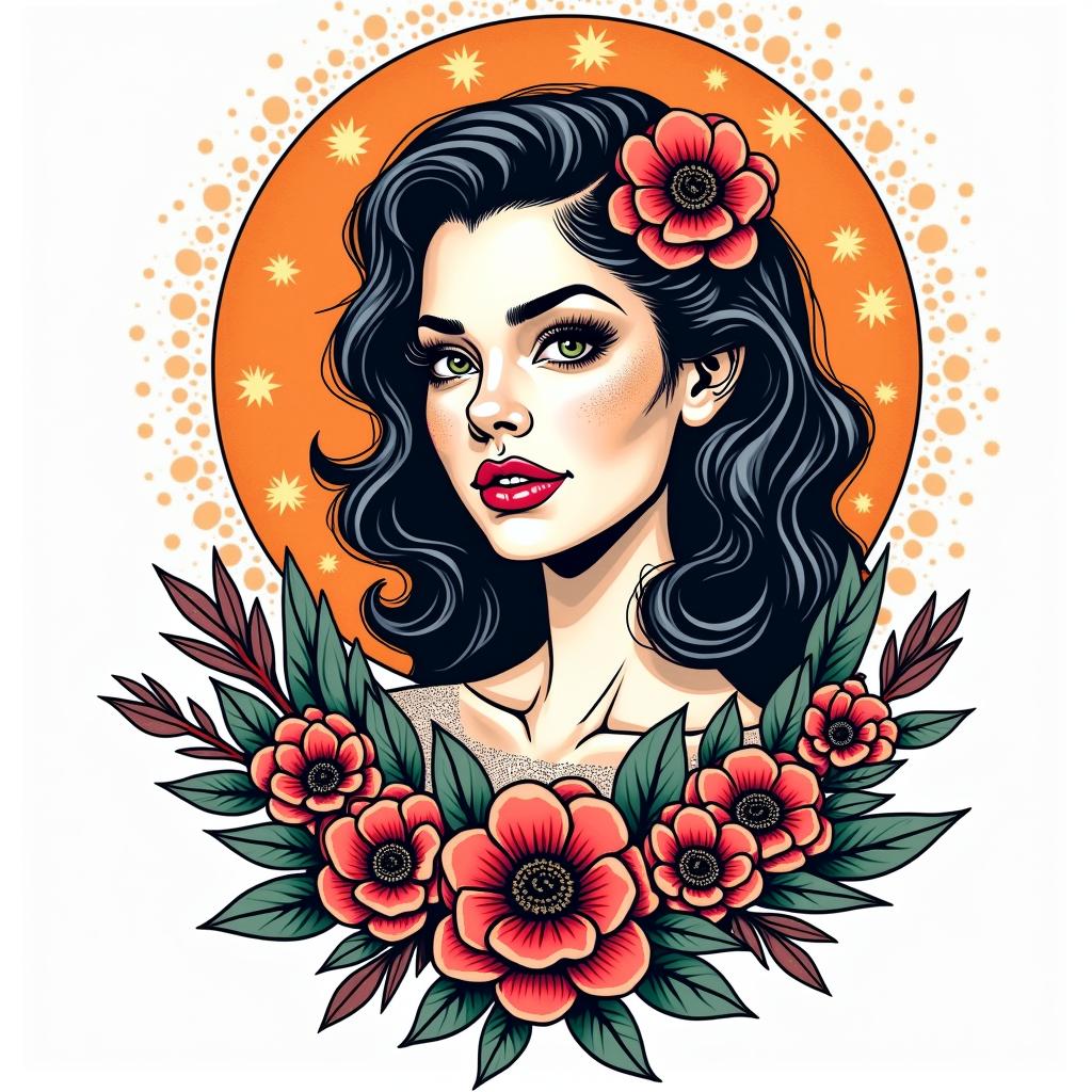Salma Helena. Virgo. September 9, 2018in pop art style tattoo, featuring bold and vibrant colors, exaggerated outlines, iconic imagery, inspired by comic books and speech bubbles, comic book characters, retro pop culture - Variation 2