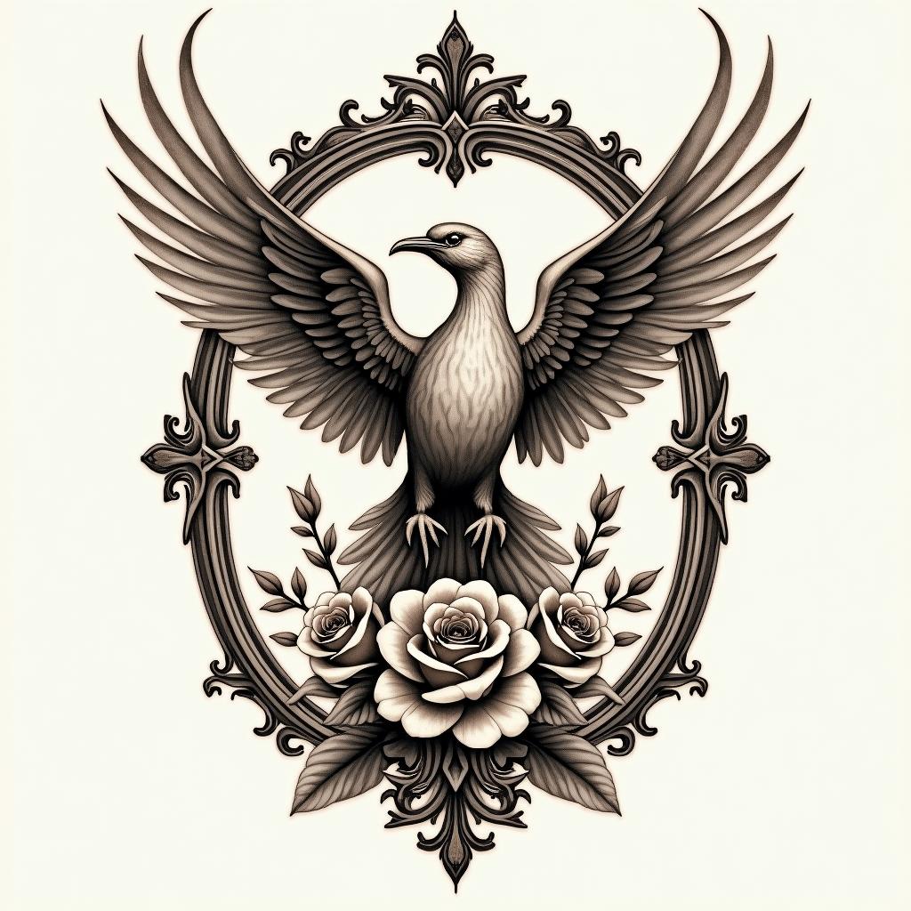 Phoenixin victorian style tattoo, featuring vintage and elegant elements, ornate frames, roses, antique, sepia-toned color scheme - Variation 3