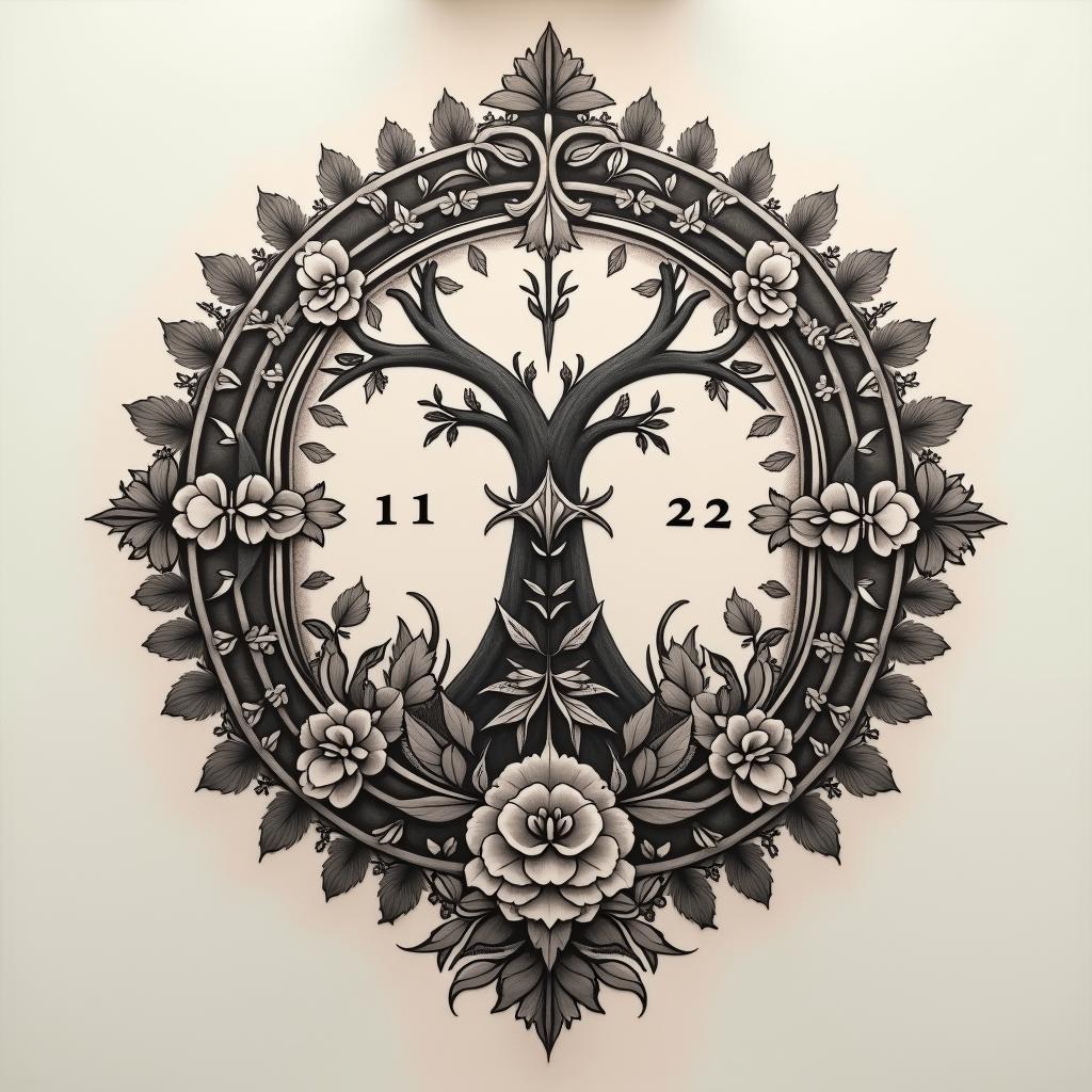 Yggdrasil with the date 11/04/22 for the upper backin victorian style tattoo, featuring vintage and elegant elements, ornate frames, roses, antique, sepia-toned color scheme - Variation 2