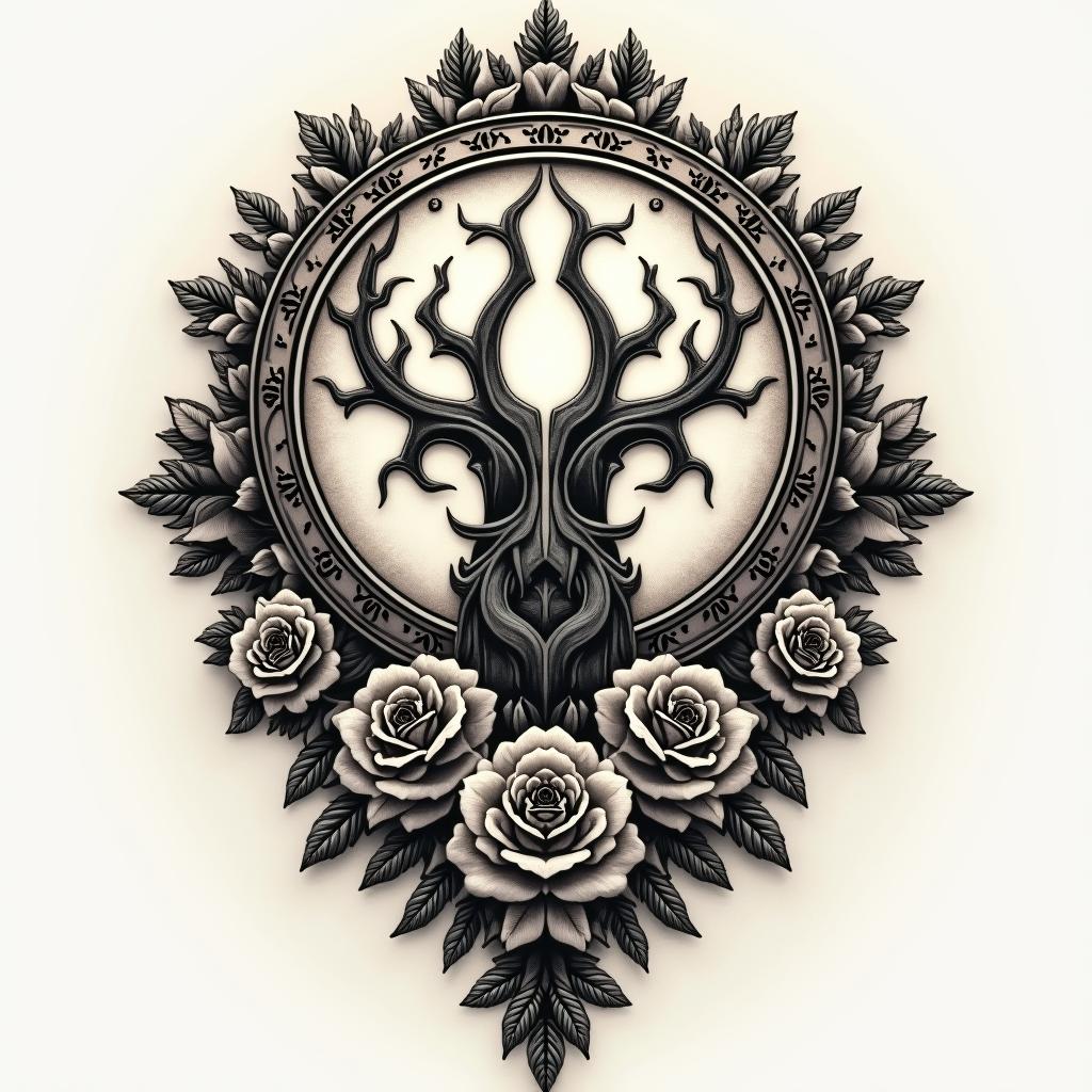 Yggdrasil with the date 11/04/22 for the upper backin victorian style tattoo, featuring vintage and elegant elements, ornate frames, roses, antique, sepia-toned color scheme - Variation 4