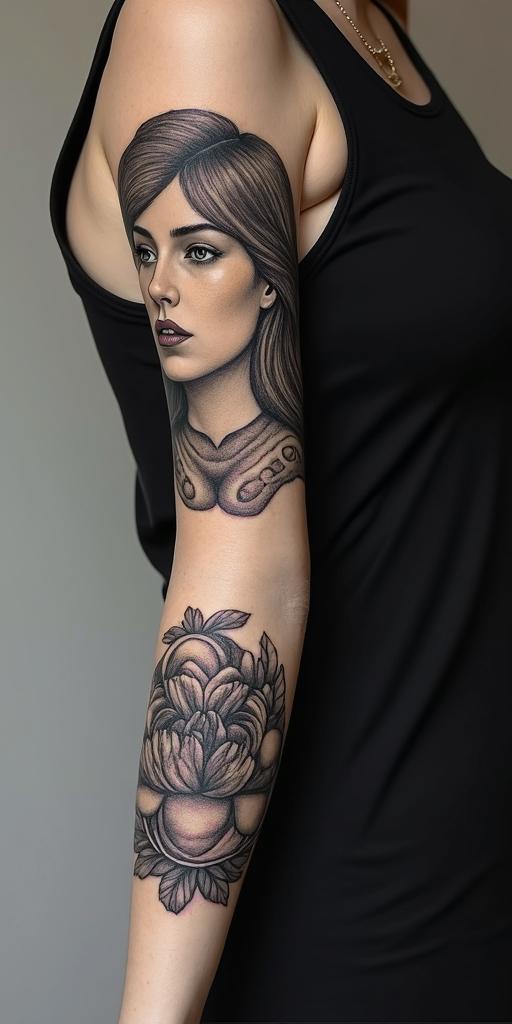 Sydney, Aquarius, momin realism tattoo style, featuring a highly detailed, lifelike, capturing every detail, photorealistic, ultra realistic, intricate shading, smooth and sharp,   - Variation 2