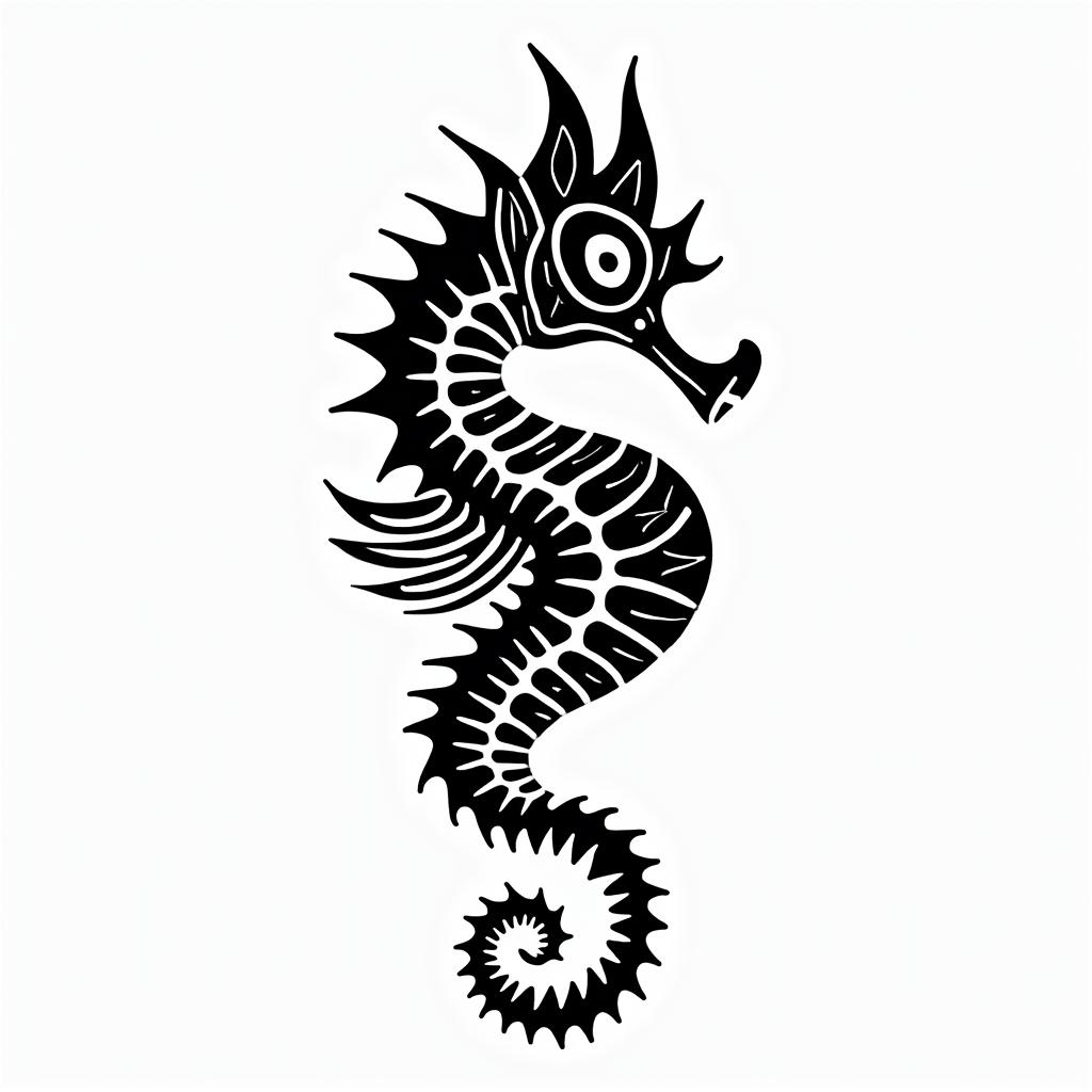 Seahorse tribal authentic boldin tribal tattoo style, featuring bold and black geometric shapes, curved lines, intertwine and flow seamlessly, creating a powerful and symbolic design, polynesian and maori styles - Variation 2