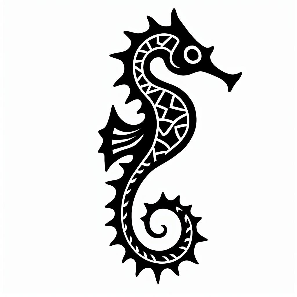 Seahorse tribal authentic boldin tribal tattoo style, featuring bold and black geometric shapes, curved lines, intertwine and flow seamlessly, creating a powerful and symbolic design, polynesian and maori styles