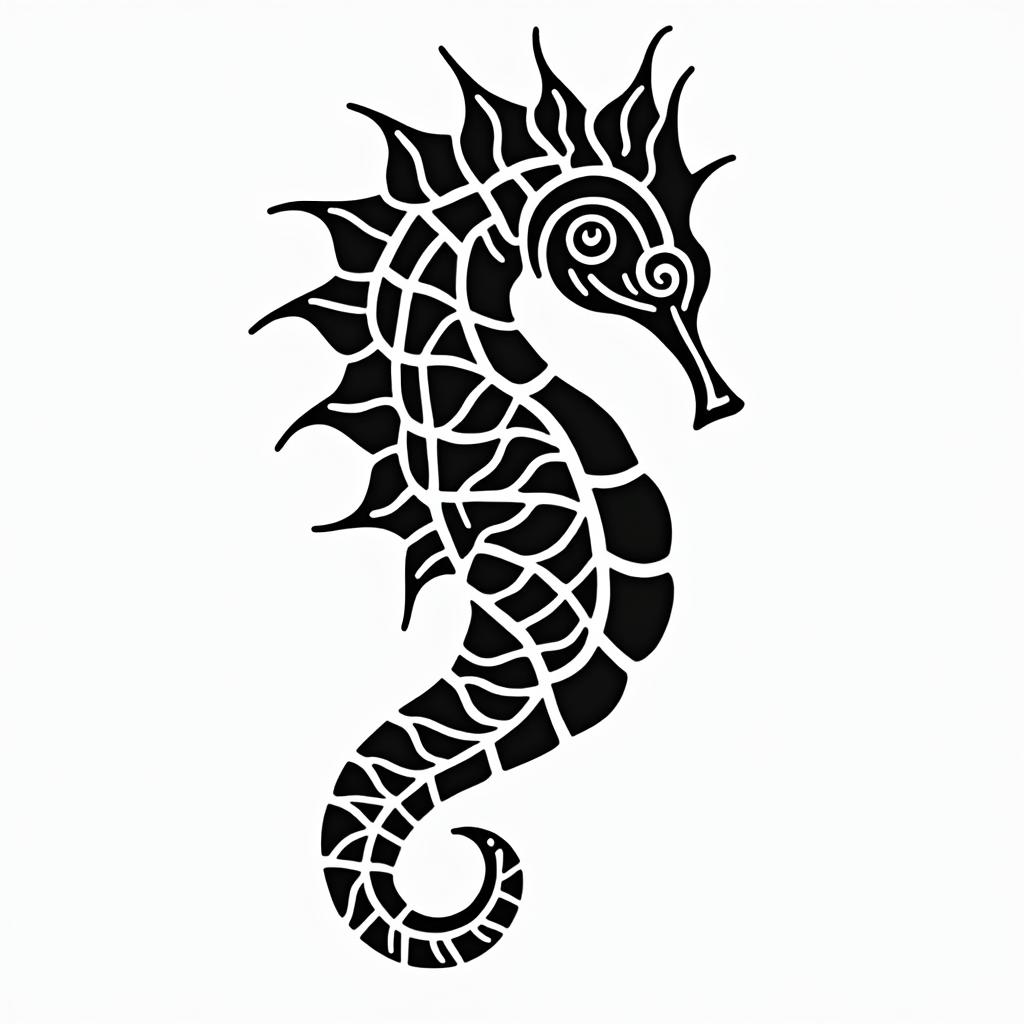 Seahorse tribal authentic boldin tribal tattoo style, featuring bold and black geometric shapes, curved lines, intertwine and flow seamlessly, creating a powerful and symbolic design, polynesian and maori styles - Variation 3