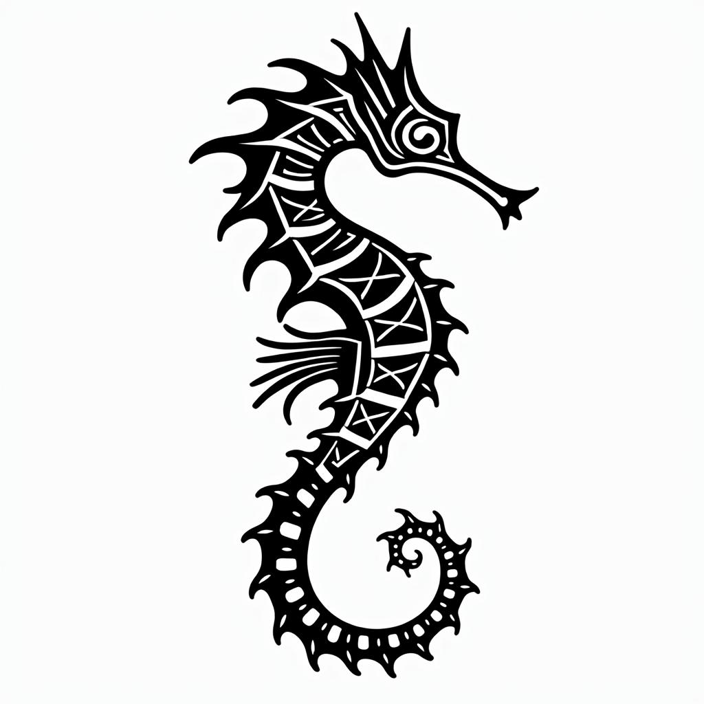 Seahorse tribal authentic boldin tribal tattoo style, featuring bold and black geometric shapes, curved lines, intertwine and flow seamlessly, creating a powerful and symbolic design, polynesian and maori styles - Variation 4