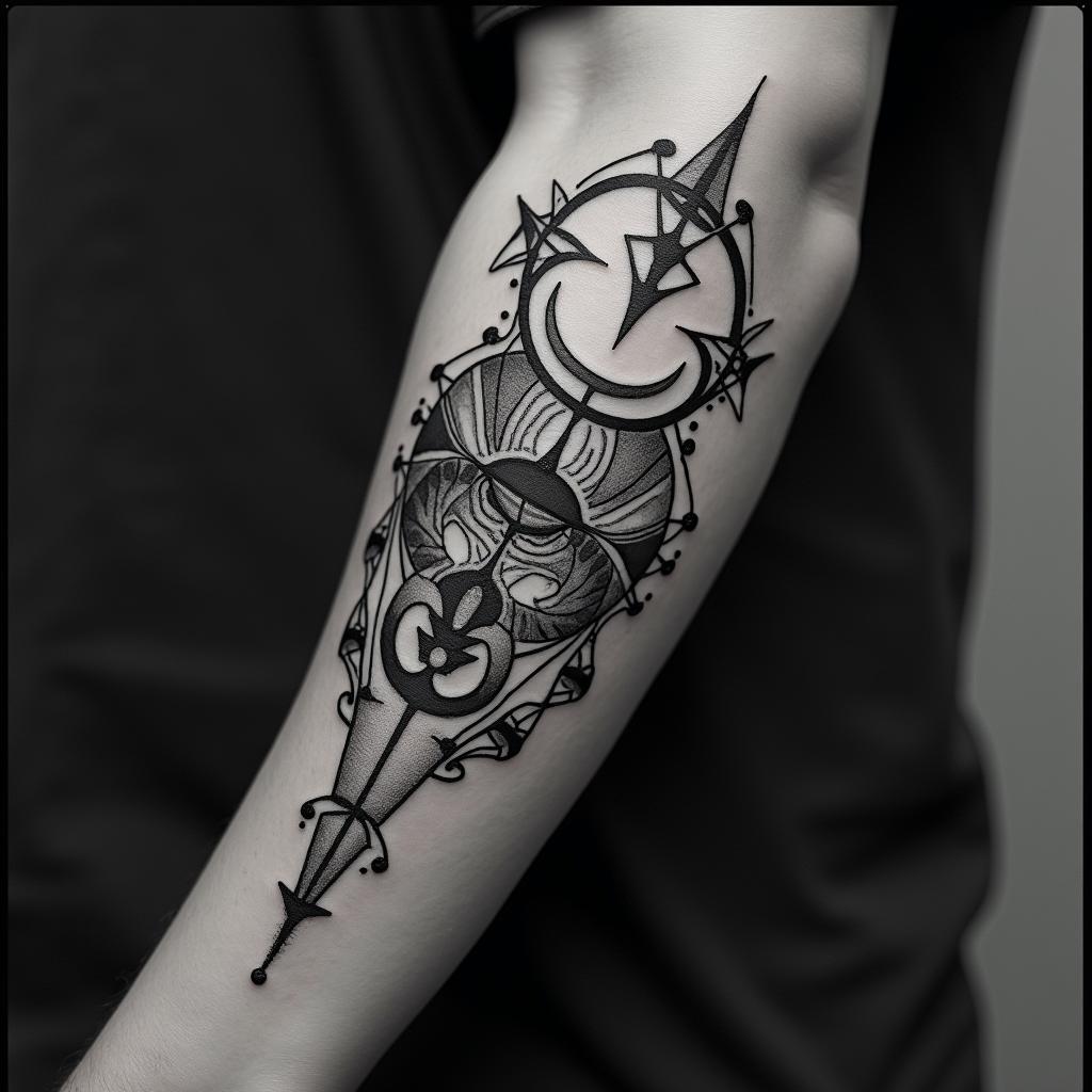 Travelin paganic style tattoo, featuring ancient symbols, add vegvisir symbol, mystical figures, incorporating designs, pentagrams, runes, crescent moons, - Variation 2
