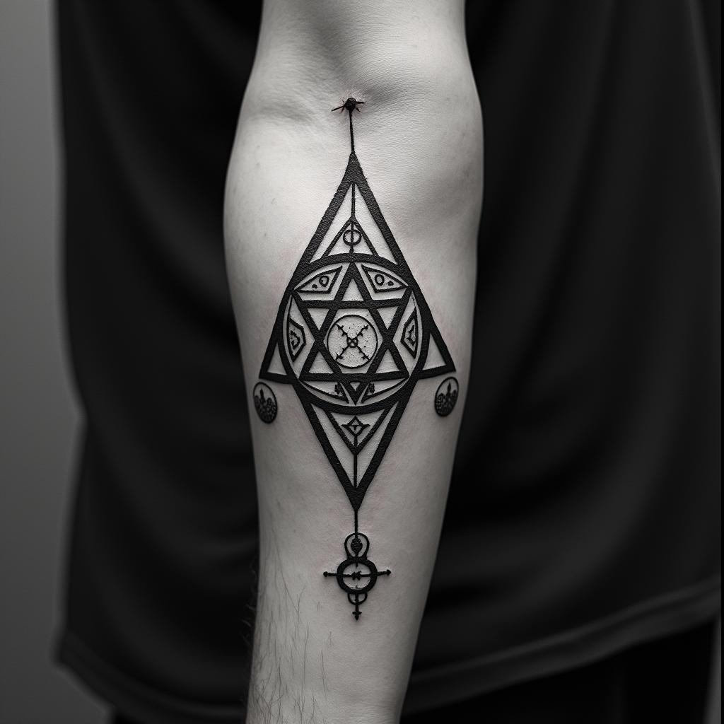 Travelin paganic style tattoo, featuring ancient symbols, add vegvisir symbol, mystical figures, incorporating designs, pentagrams, runes, crescent moons,