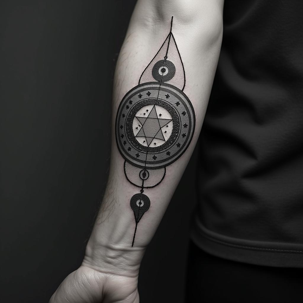 Travelin paganic style tattoo, featuring ancient symbols, add vegvisir symbol, mystical figures, incorporating designs, pentagrams, runes, crescent moons, - Variation 3