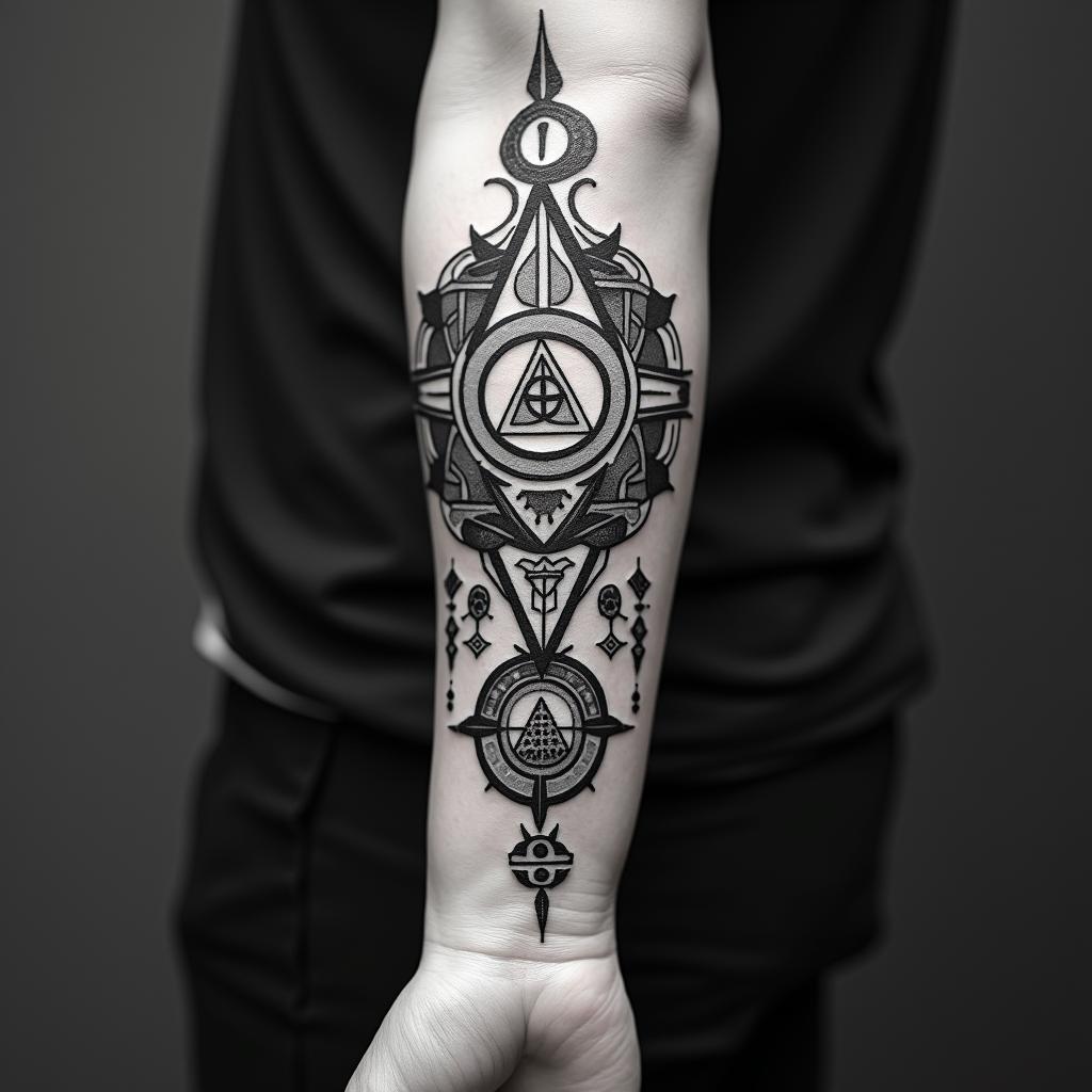 Travelin paganic style tattoo, featuring ancient symbols, add vegvisir symbol, mystical figures, incorporating designs, pentagrams, runes, crescent moons, - Variation 4