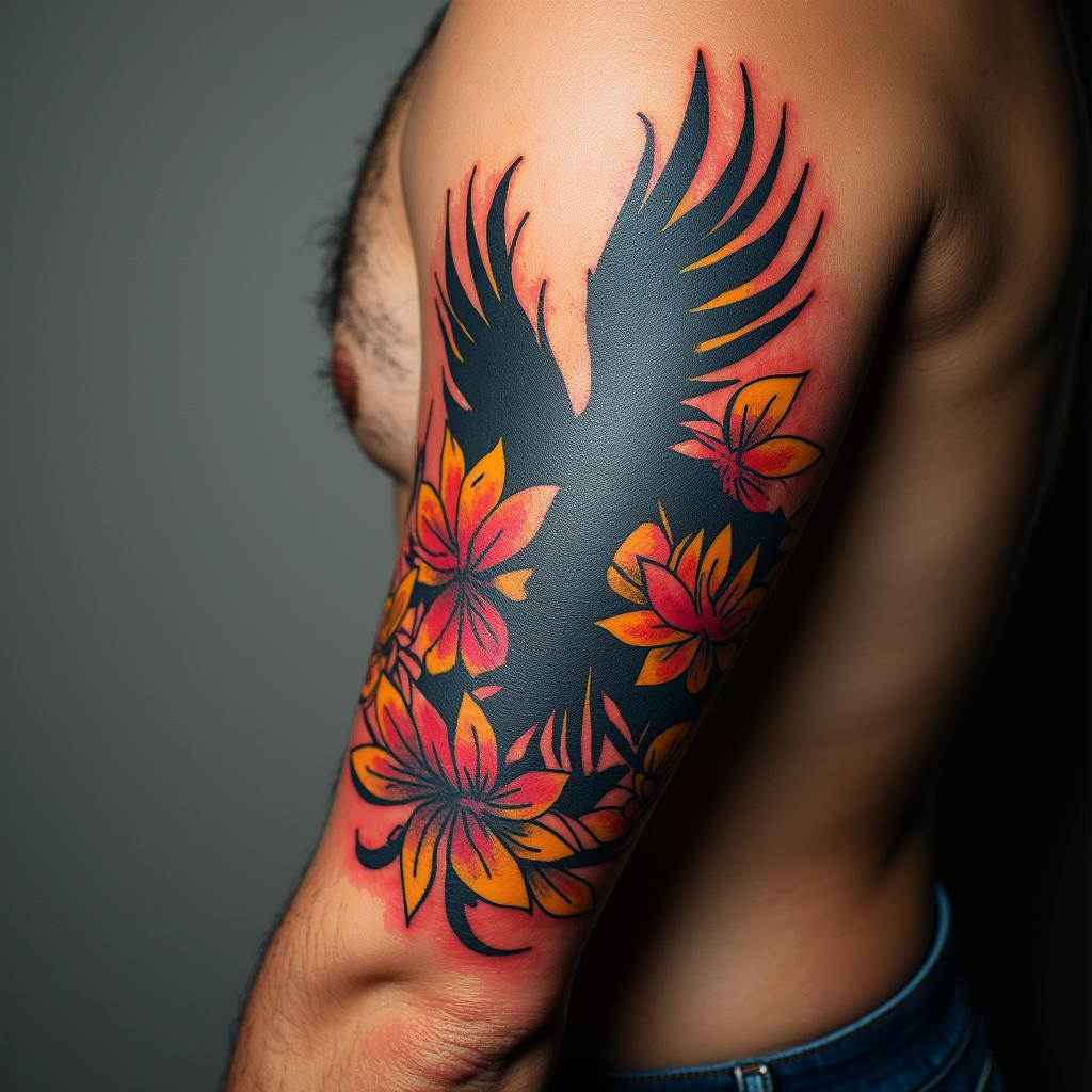 Phoenixin pop art style tattoo, featuring bold and vibrant colors, exaggerated outlines, iconic imagery, inspired by comic books and speech bubbles, comic book characters, retro pop culture - Variation 7