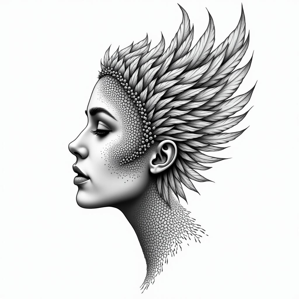 Right side of a woman’s face as the other side is turning into feathers that are turning into a bird flying awayin dotwork style tattoo, complex mandala patterns, interlocking geometric shapes with sharp symmetry, clean lines, sharp angles - Variation 4