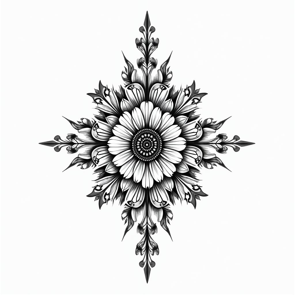Straight linein ornamental tattoo style, featuring intricate symmetrical patterns and floral designs, showcasing highly detailed line work and geometric shapes, creating a sense of elegance and balance - Variation 4