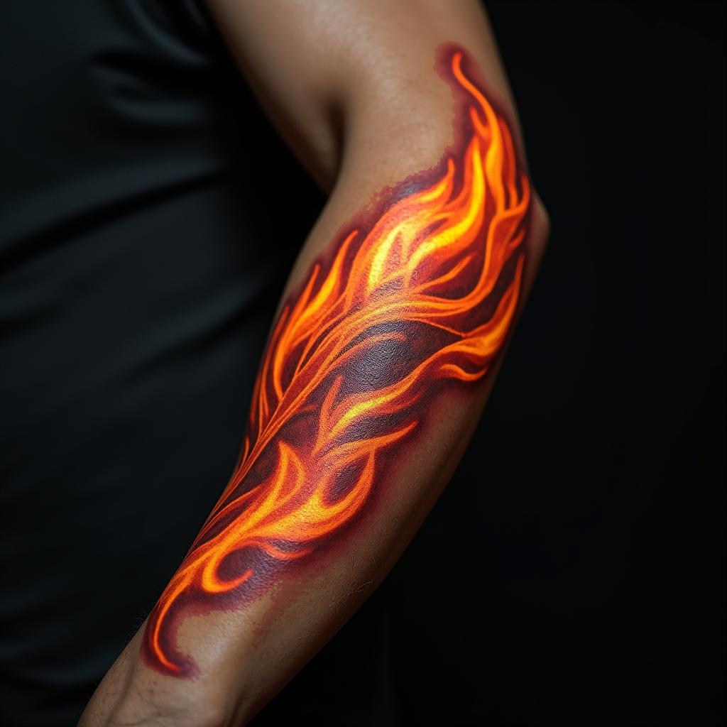 Phoenixin flame tattoo style showcasing fiery elements with dynamic flame patterns, glowing effect of flames, natural colors