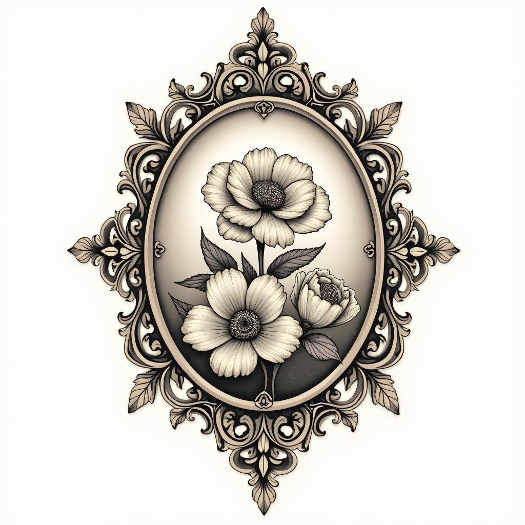 Graphic flowerin victorian style tattoo, featuring vintage and elegant elements, ornate frames, roses, antique, sepia-toned color scheme - Variation 3