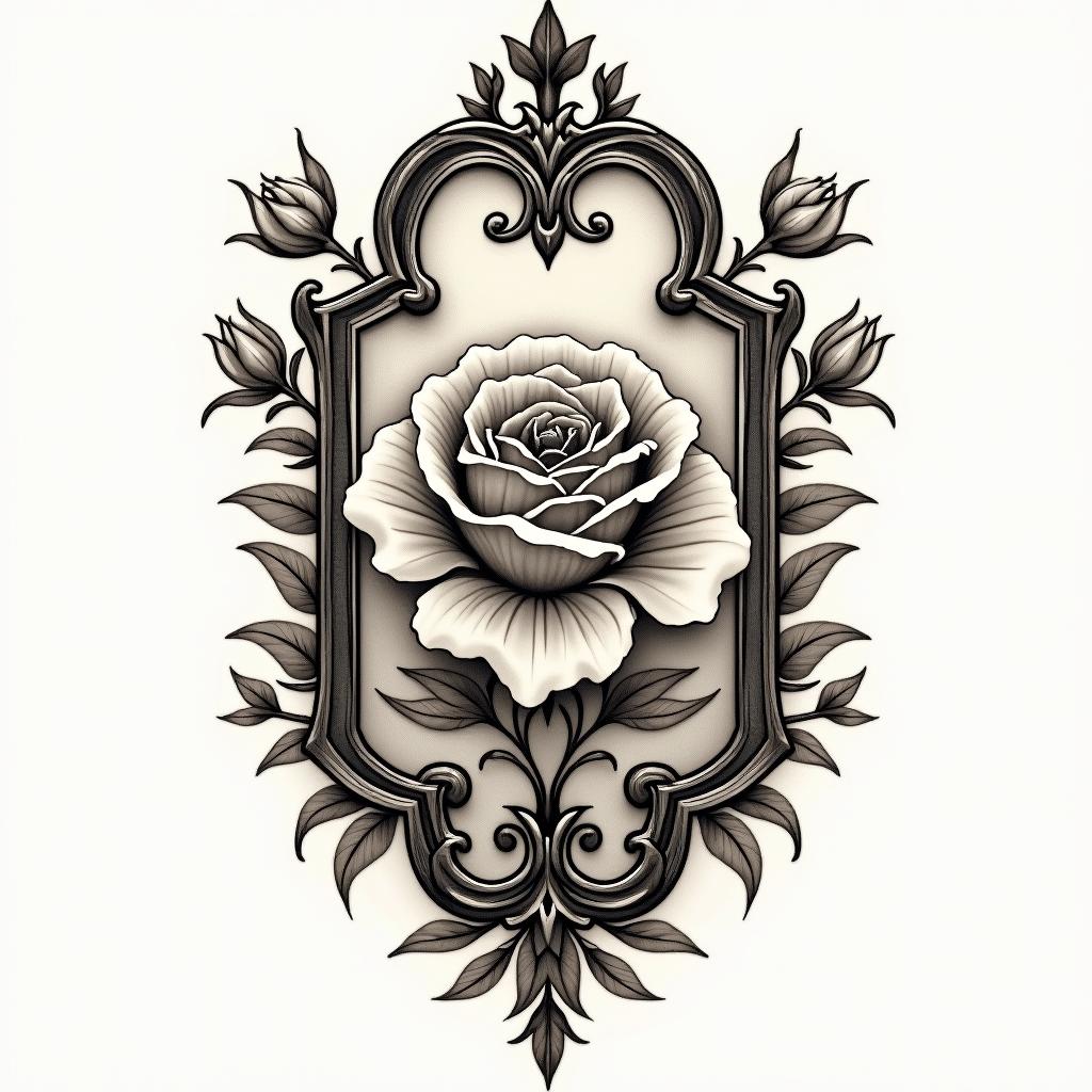 Graphic flowerin victorian style tattoo, featuring vintage and elegant elements, ornate frames, roses, antique, sepia-toned color scheme - Variation 2