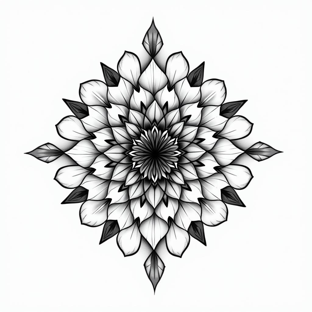 Graphic flower in geometric style tattoo, blending hexagons, mandala-inspired patterns, symmetrical and fractal design, clean lines, sharp angles - Variation 3