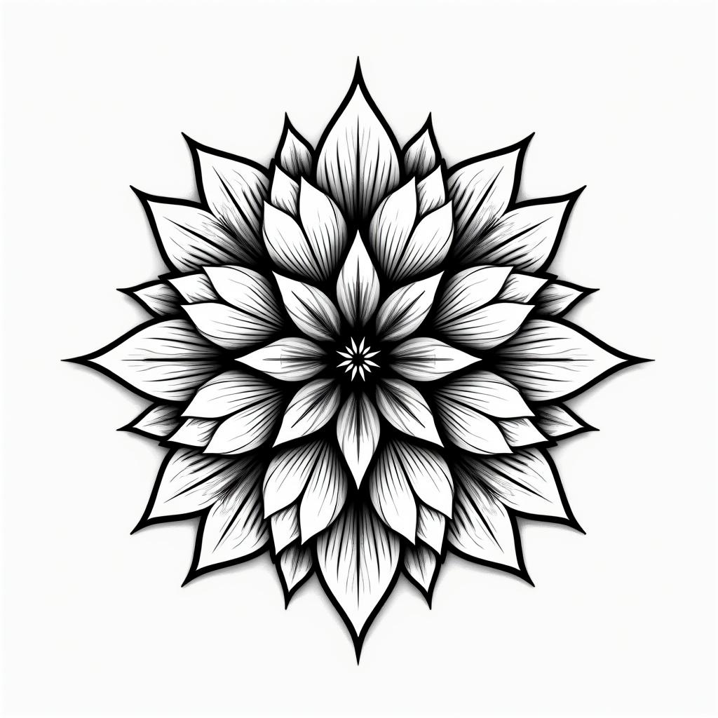 Graphic flower in geometric style tattoo, blending hexagons, mandala-inspired patterns, symmetrical and fractal design, clean lines, sharp angles - Variation 2