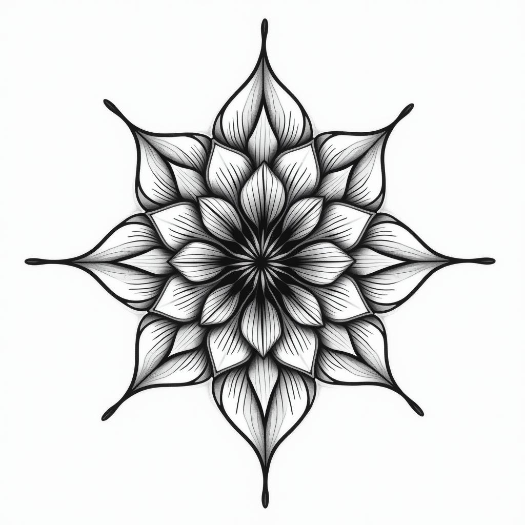 Graphic flower in geometric style tattoo, blending hexagons, mandala-inspired patterns, symmetrical and fractal design, clean lines, sharp angles - Variation 1