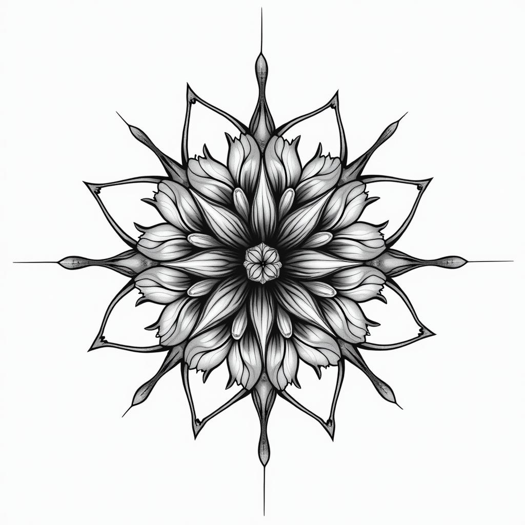 Graphic flower in geometric style tattoo, blending hexagons, mandala-inspired patterns, symmetrical and fractal design, clean lines, sharp angles - Variation 4