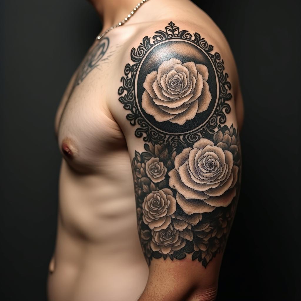Eleazar Alcoriza April 8, 1982in victorian style tattoo, featuring vintage and elegant elements, ornate frames, roses, antique, sepia-toned color scheme - Variation 4