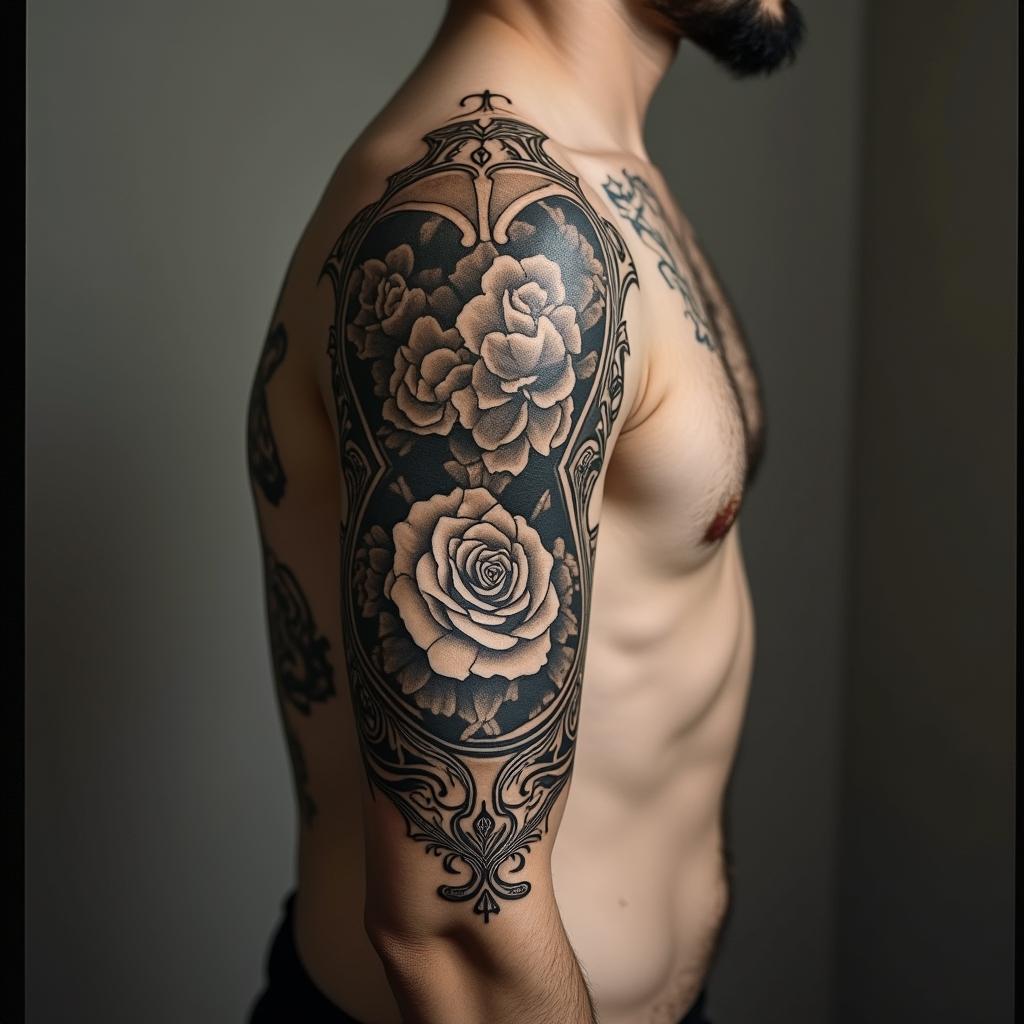 Eleazar Alcoriza April 8, 1982in victorian style tattoo, featuring vintage and elegant elements, ornate frames, roses, antique, sepia-toned color scheme - Variation 3