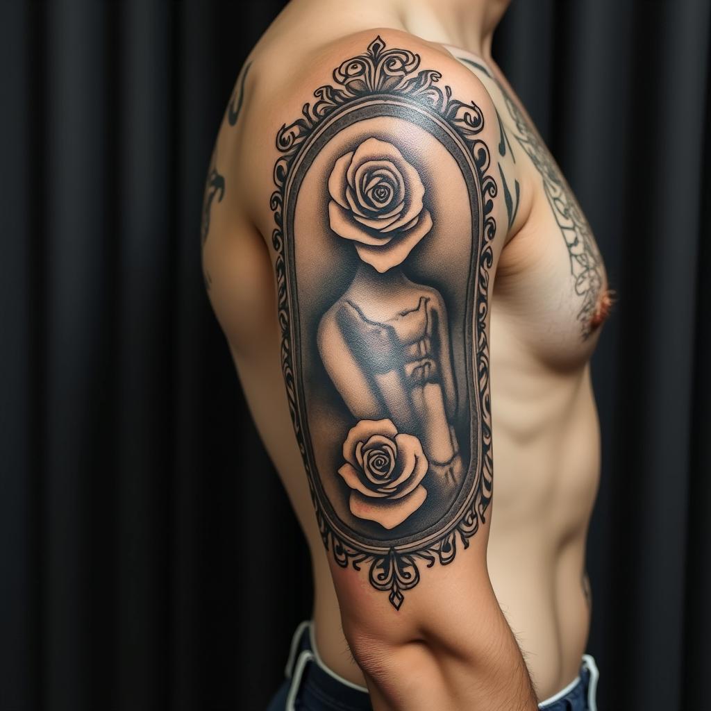 Eleazar Alcoriza April 8, 1982in victorian style tattoo, featuring vintage and elegant elements, ornate frames, roses, antique, sepia-toned color scheme - Variation 2